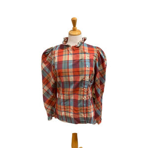 Vntg 80’s Women's Shapely Plaid Ruffle ling sleeved Blouse Size 16